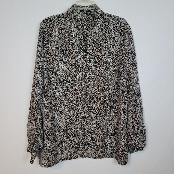Notations Woman 3X Tunic Cheetah Animal Print RollTab Sleeve Silky Button Up Top - Picture 1 of 8